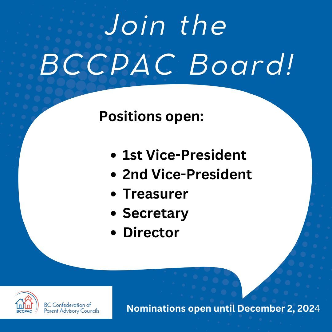 The 2024 BCCPAC Board By-Election is here! We're inviting nominations for open Board positions. Please share this opportunity with your PAC/DPAC. Together, let's strengthen #BCCPAC and public education across BC! 
Learn more: buff.ly/4hveqEd 
#bced #MembershipMatters