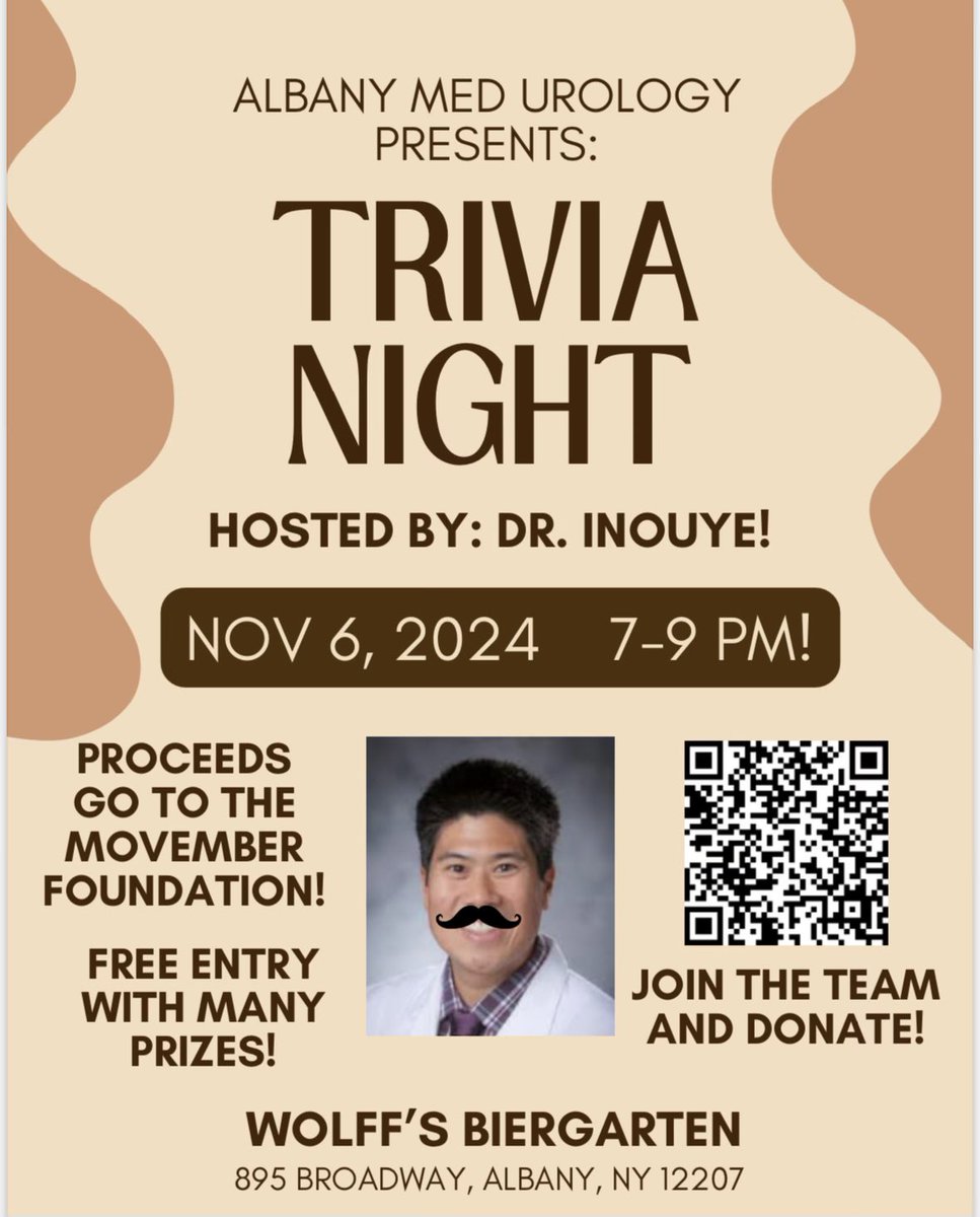 Urological Institute@AlbanyMed (@albanymeduro) on Twitter photo Next up: <a href="/AlbanyMed/">Albany Med Health System</a> Trivia Night at <a href="/WolffsBiergartn/">Wolff's Biergarten</a> hosted by <a href="/BrianInouyeMD/">Brian Inouye</a> ! Prizes and a silent auction!
Hope to see you there <a href="/bak_pedurol_mad/">Barry Kogan</a> <a href="/BadarMian1/">Badar M. Mian, MD</a> <a href="/AdrienBernstein/">Adrien Bernstein</a> <a href="/Dr_Elise_De/">Elise J.B. De, MD</a> <a href="/urowhite1/">Mark D White, MD</a> <a href="/RkaufmanJr/">Ron Kaufman</a> <a href="/DrRehfuss_Uro/">Alexandra Rehfuss</a> <a href="/CharlesWelliver/">Charles Welliver</a> <a href="/egan_jillian26/">Jillian Egan</a> Next up: <a href="/AlbanyMed/">Albany Med Health System</a> Trivia Night at <a href="/WolffsBiergartn/">Wolff's Biergarten</a> hosted by <a href="/BrianInouyeMD/">Brian Inouye</a> ! Prizes and a silent auction!
Hope to see you there <a href="/bak_pedurol_mad/">Barry Kogan</a> <a href="/BadarMian1/">Badar M. Mian, MD</a> <a href="/AdrienBernstein/">Adrien Bernstein</a> <a href="/Dr_Elise_De/">Elise J.B. De, MD</a> <a href="/urowhite1/">Mark D White, MD</a> <a href="/RkaufmanJr/">Ron Kaufman</a> <a href="/DrRehfuss_Uro/">Alexandra Rehfuss</a> <a href="/CharlesWelliver/">Charles Welliver</a> <a href="/egan_jillian26/">Jillian Egan</a>