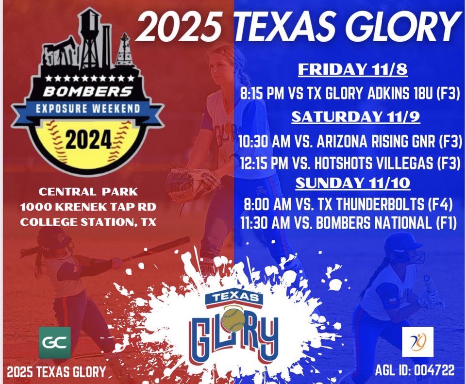 Come out and watch <a href="/2025TexasGlory/">2025 Texas Glory</a> at the Bombers Exposure in College Station!