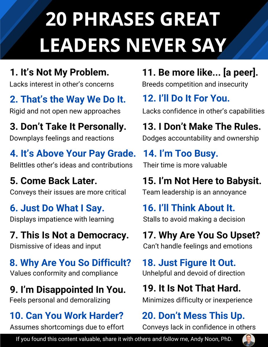 andynoonphd's tweet photo. What leaders say telegraph what they value.  Leaders who use these phrases communicate that you do not matter.  If you hear these words, it is time to go. https://t.co/9v6g44Fcgu