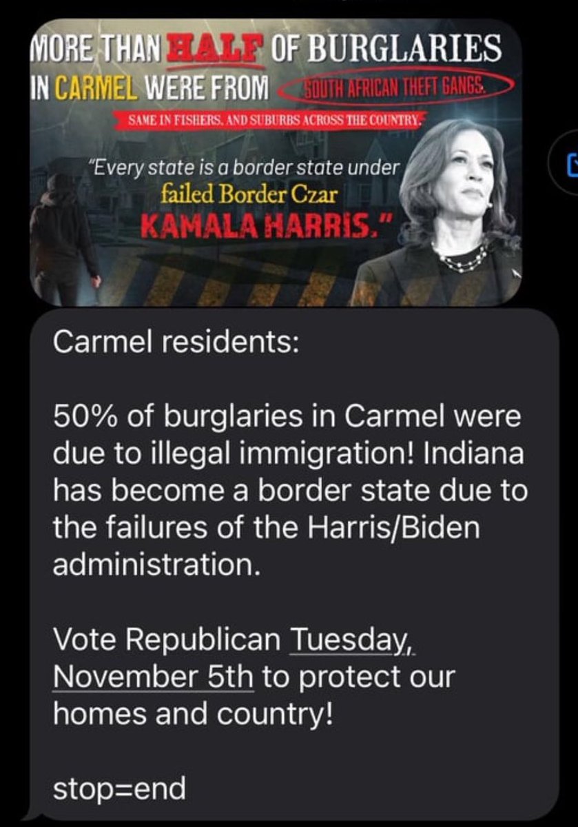 adamwren's tweet photo. New: Texts circulating in increasingly purple Carmel, Indiana, in the national bellwether of Hamilton County, cite break-ins to illegal immigration. Republicans feel the city—where Mike Pence lives—is slipping away. https://t.co/95U90i86LI