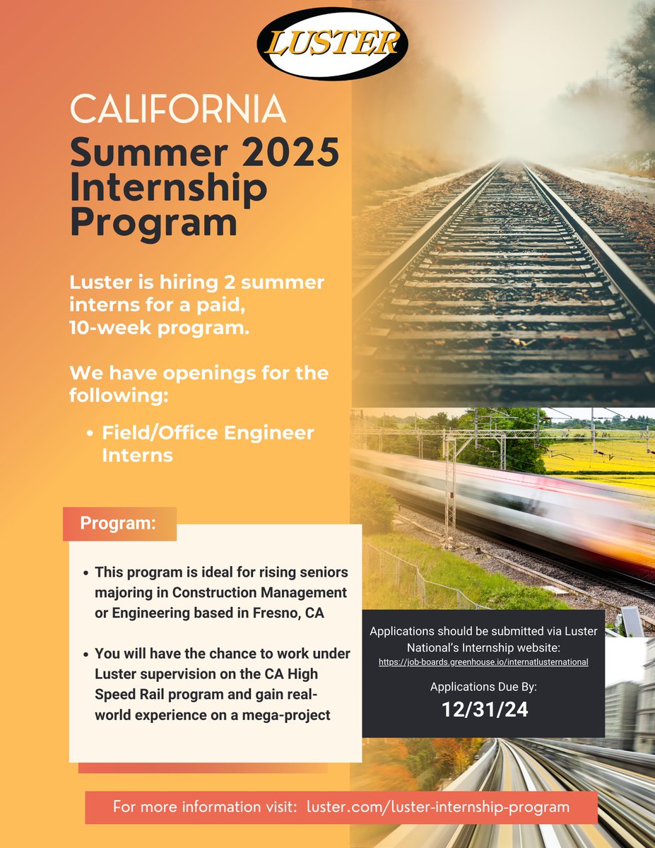 LusterNational's tweet image. 2025 Internship Program Open for Applications in California!
These are on-the-job training experiences designed to expose students to a wide range of project activities and maximize their skill development within the 10-week program.
#SummerInterns #SummerInternshipProgram