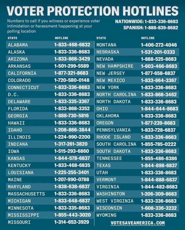 SaraLuvsDisney's tweet photo. Numbers to call if you experience voter intimidation or harassment! Please visit https://t.co/4GlzXVEizd if you can't access the numbers here. Good luck! #Vote2024 https://t.co/hpO6sYZ17v