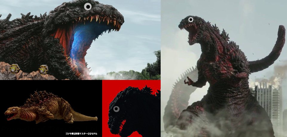 Shin Godzilla but he keeps the googly eyes from the first evolution the whole time
