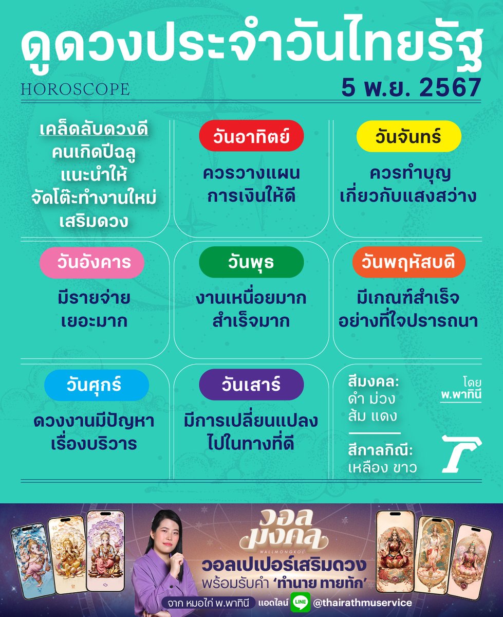 Thairath_News's tweet image. ดวงวันนี้มาแล้วจ้า
ดูดวงไทยรัฐโดยหมอดูชื่อดังรวมไว้ที่นี่&amp;gt;&amp;gt;
thairath.co.th/horoscope
#horoscope #ดวงรายวัน #ดวงไทยรัฐ #ไทยรัฐออนไลน์ #Thairath