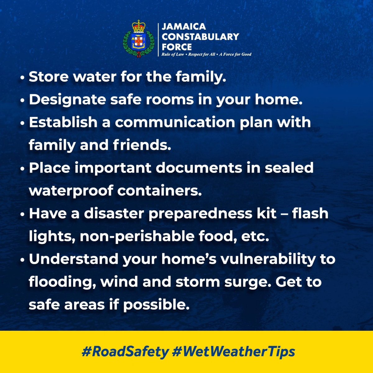 JamaicaConstab's tweet image. The Jamaica Constabulary Force urges citizens to exercise caution and prioritize safety during Tropical Storm Rafael. Monitor weather updates closely, avoid unnecessary travel, and secure loose outdoor objects.  Your safety is our priority.

#tropicalstormrafael 
#WeatherTips