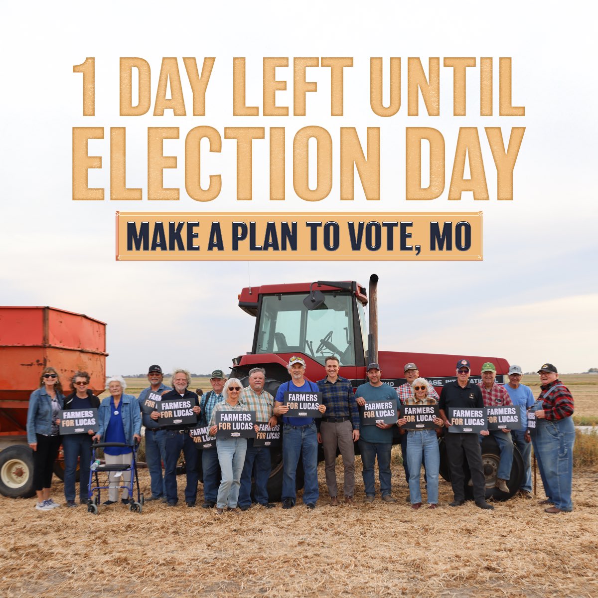 There's one day left before Election Day. Ready to take this U.S. Senate seat back for real Missourians. Fired up about securing our freedoms and investing in Missouri again. Go vote. Polls are open from 6 AM to 7 PM.