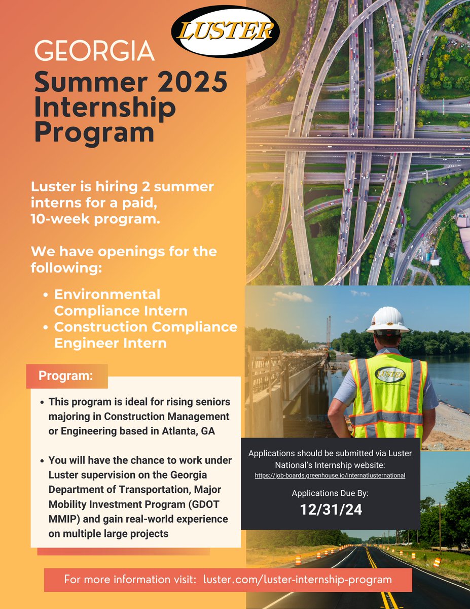 LusterNational's tweet image. 2025 Internship Program Open for Applications in Georgia! These are on-the-job training experiences designed to expose students to a wide range of project activities and maximize their skill development within the 10-week program. #SummerInterns #SummerInternshipProgram
