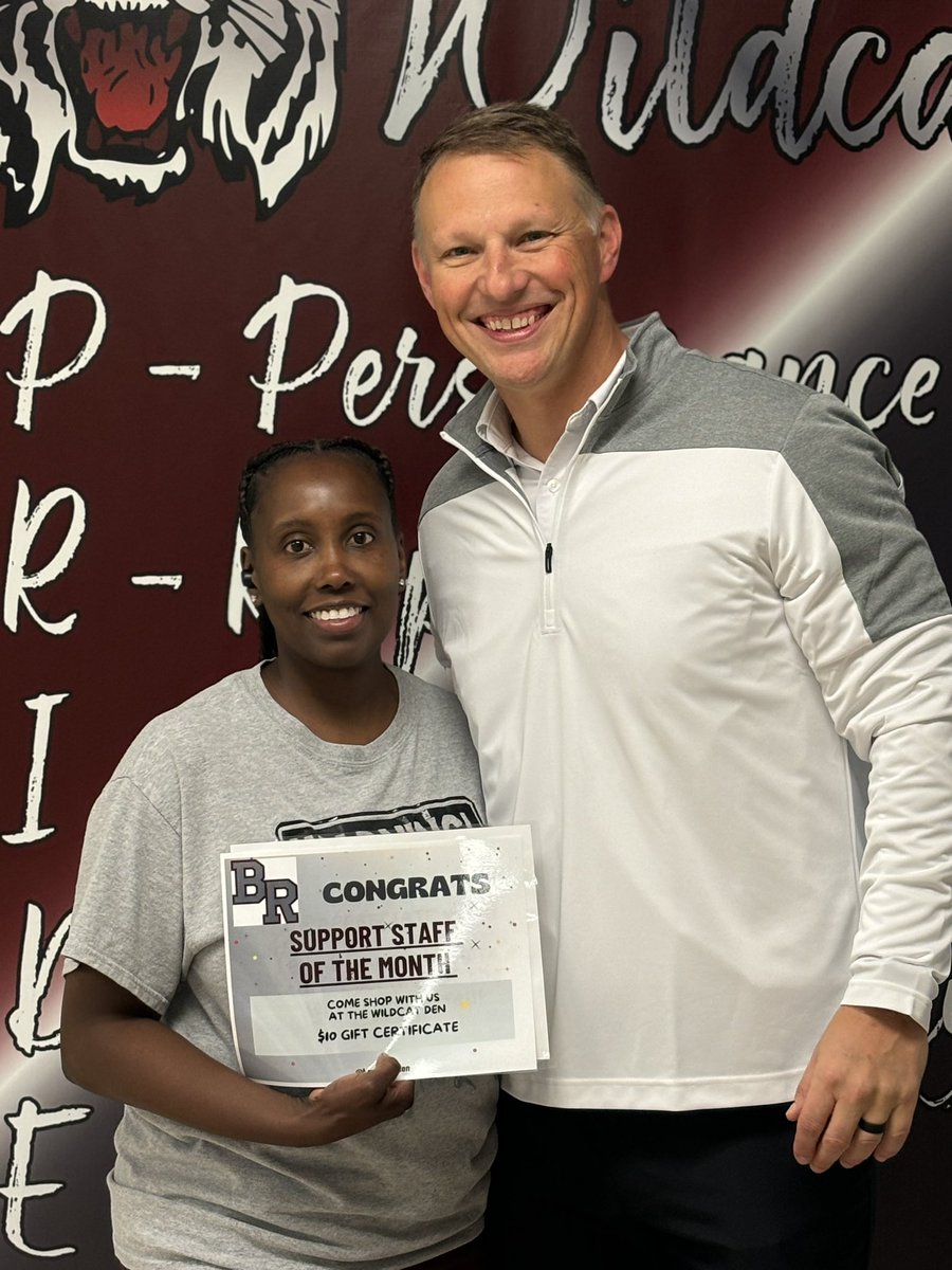 BRmeganreece's tweet photo. 🐾 Congratulations to our October Wildcats of the Month! 🐾
Student: KK Walls ❤️
Support Staff: Shenika Thompson
Teacher: Coach Wes Tate 
Thank you for representing BRHS! #WildcatPride #WERBR https://t.co/dFje8NSv4r