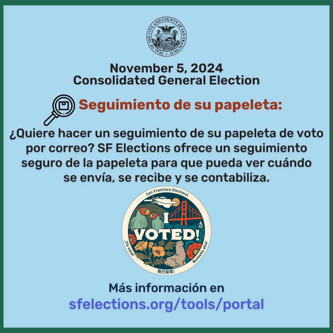 sfgov's tweet photo. Track your Ballot: Want to track your vote-by-mail ballot? @SFElections offers secure ballot tracking so you can see when it's mailed, received, and counted. https://t.co/ehLP2hf8Cx
@sfgov #Election2024 #vote #sfelections #vota https://t.co/4wXLwrQBEa