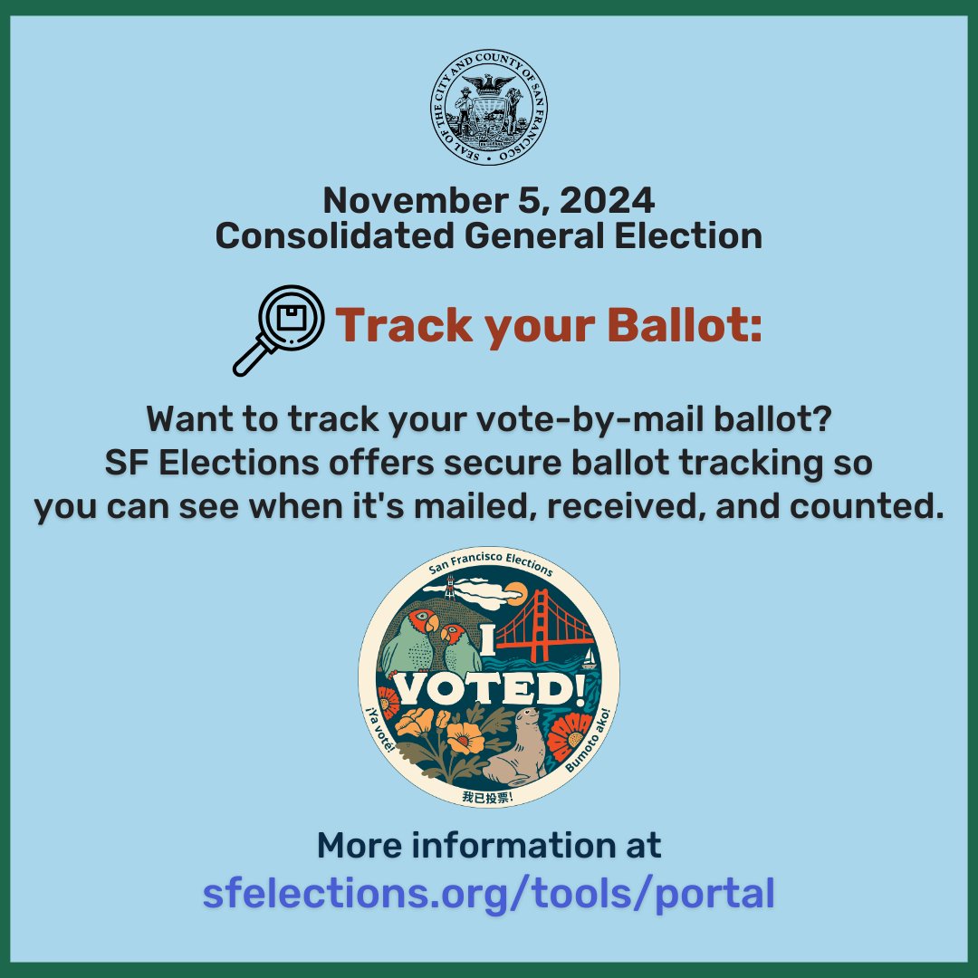 sfgov's tweet photo. Track your Ballot: Want to track your vote-by-mail ballot? @SFElections offers secure ballot tracking so you can see when it's mailed, received, and counted. https://t.co/ehLP2hf8Cx
@sfgov #Election2024 #vote #sfelections #vota https://t.co/4wXLwrQBEa