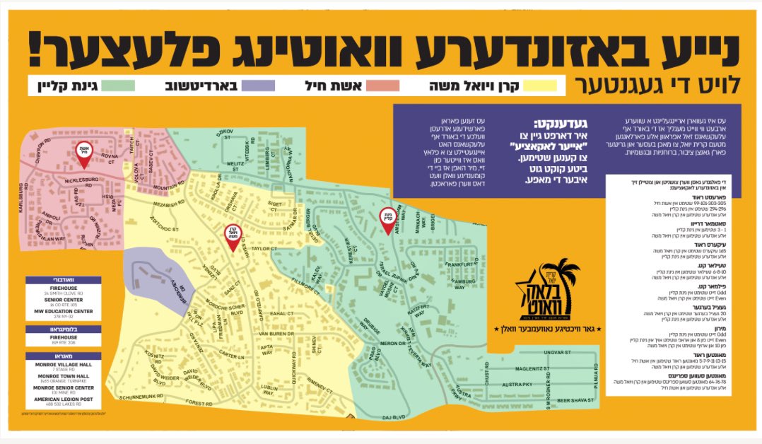 HQSatmar's tweet image. Satmar Anash United Citizens of Kiryas Joel, Town of Palm Tree, Election Day  TUESDAY! we urge everyone to make their voices heard. Let’s come together and vote for a brighter future! #Election2024  #GetOutTheVote #NY18 “Vote NO for prop 1!” Here is info on added Polling sites: