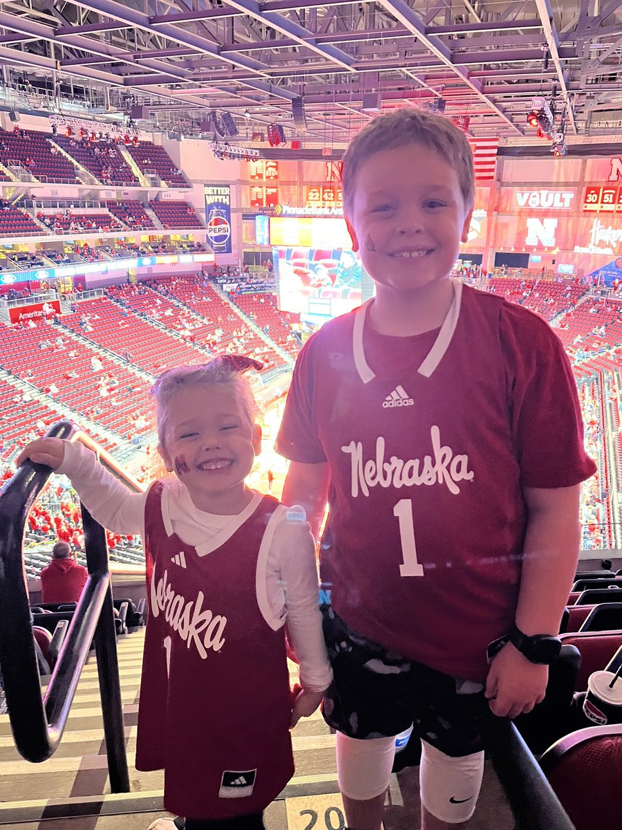 jjstauss's tweet photo. First Nebrasketball game for the season!  Just missing Dad- @four0two  These 2 are decked out and ready for a great season!  LET’S GO #HUSKERS https://t.co/rcC8E6MzvN