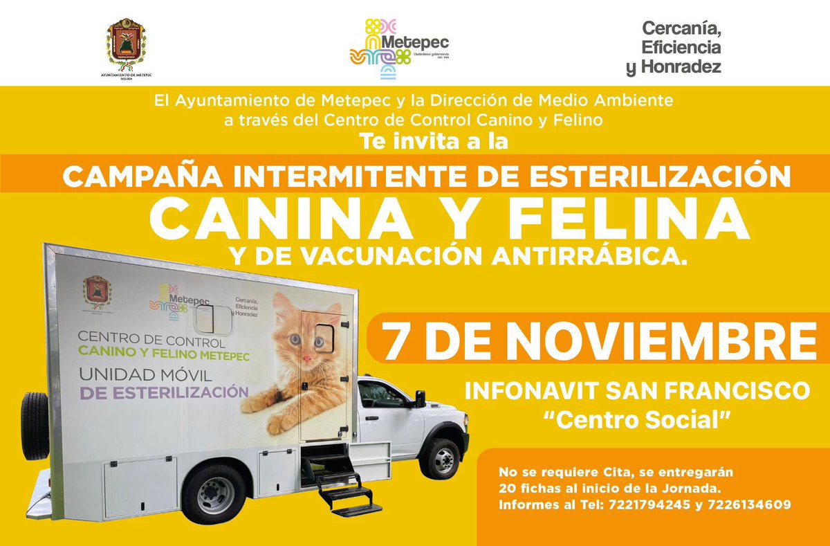 MetepecAmbiente's tweet photo. Acude a la “Séptima campaña móvil de esterilización canina y felina”, ahora también para perros y gatos en situación de calle. Recuerda que iniciamos en punto de las 9:00 horas. ¡No faltes!
#CiudadanosGobernando
#MetepetFriendly https://t.co/0PwdjRY0n2