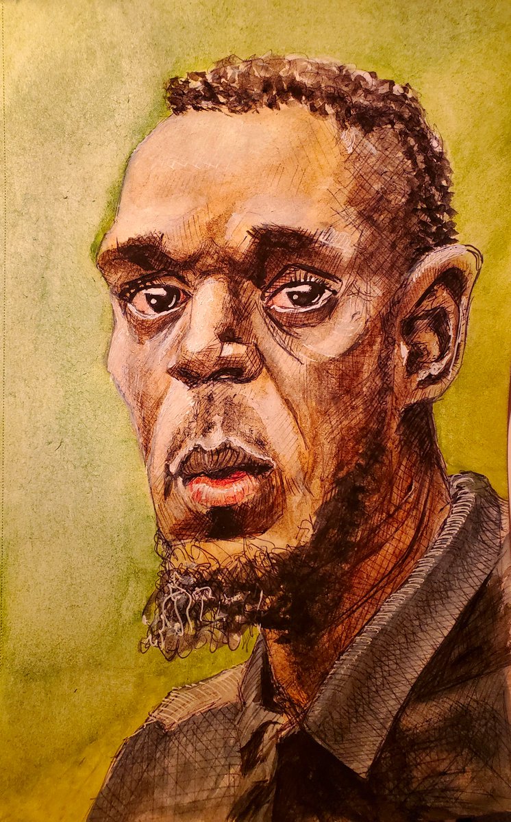 Later_AtBobs's tweet image. Usain Bolt - Caricature in ink+watercolor+gel 5x8 #caricature #art