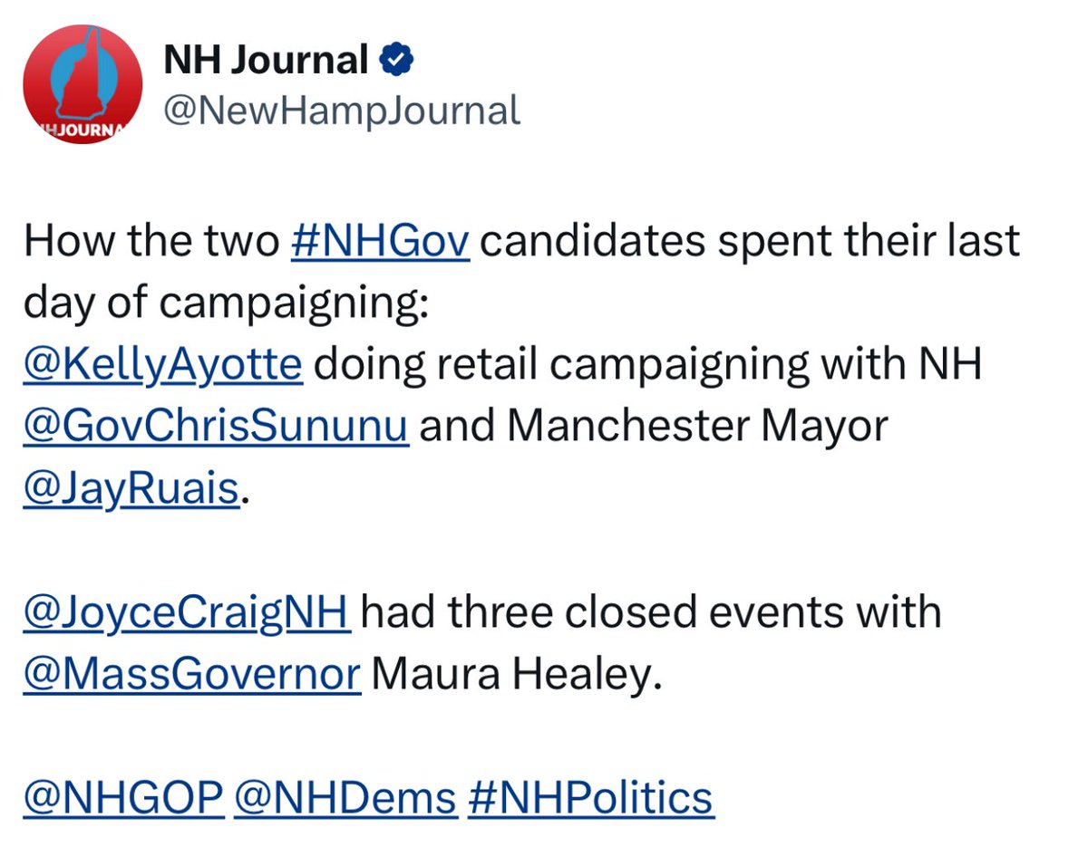 Gross: a high traffic, right wing NH blog is spreading easily disproven election disinformation designed to benefit a candidate in the #NHGov race

Joyce Craig did *zero* events with Maura Healey today. #NHPolitics