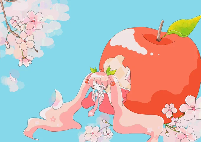 ピアプクロウですホー!今日もピアプロに投稿された作品を紹介していくホー☆こしあんさんの桜ミクさん!大きなりんごから顔を出してお花見しているホー?ゆったりした雰囲気が(・∀・)イイ!!ホー!【】 #piapro #初音ミク #桜ミク 