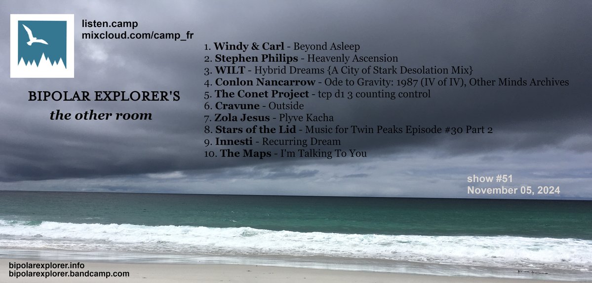 CAMP Radio (@listen_camp) on Twitter photo 3-4pm: Bipolar Explorer’s “The Other Room”
Deep listening: experimental & ambient music, field recordings and otherness. Curated by NYC experimental dreampop trio, <a href="/BIP0LAREXPL0RER/">BipolarExplorer</a>.
bipolarexplorer.bandcamp.com
#Experimental #Ambient #ExperimentalAmbient #DarkPop #SoundScape
*⏰CET 3-4pm: Bipolar Explorer’s “The Other Room”
Deep listening: experimental & ambient music, field recordings and otherness. Curated by NYC experimental dreampop trio, <a href="/BIP0LAREXPL0RER/">BipolarExplorer</a>.
bipolarexplorer.bandcamp.com
#Experimental #Ambient #ExperimentalAmbient #DarkPop #SoundScape
*⏰CET