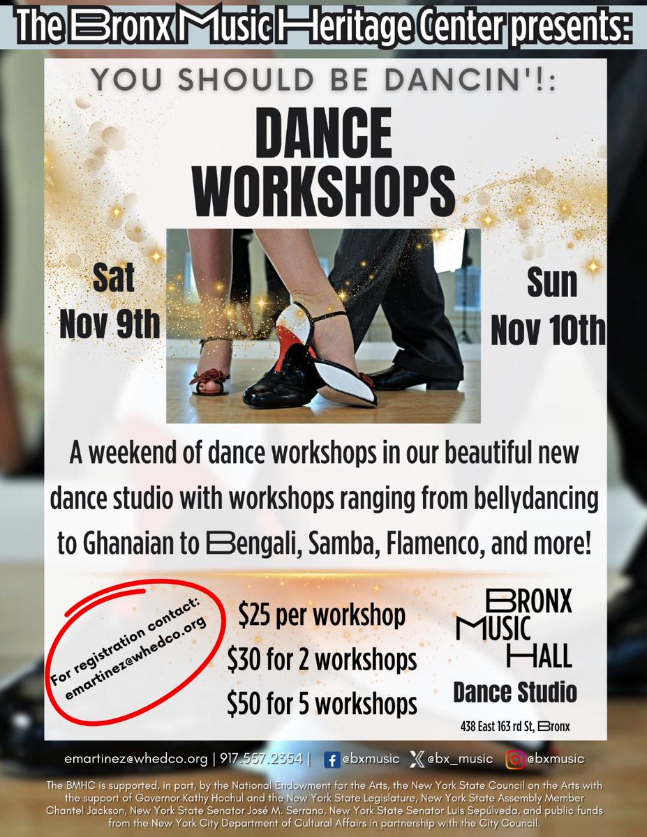 BobbySanabria's tweet image. Ballet, Bengali, Puerto Rican Bomba, Brazilian Samba Hip Hop party dances, Flamenco 
technique, Ghanaian and Bellydance!!! contact emartinez@citylore.org and/or bronxmusichall.org #danceworkshop #danceclasses #bronxmusichall #bronxmusic  #bmhc #BMH #bronxmusichall #Bronx #BX