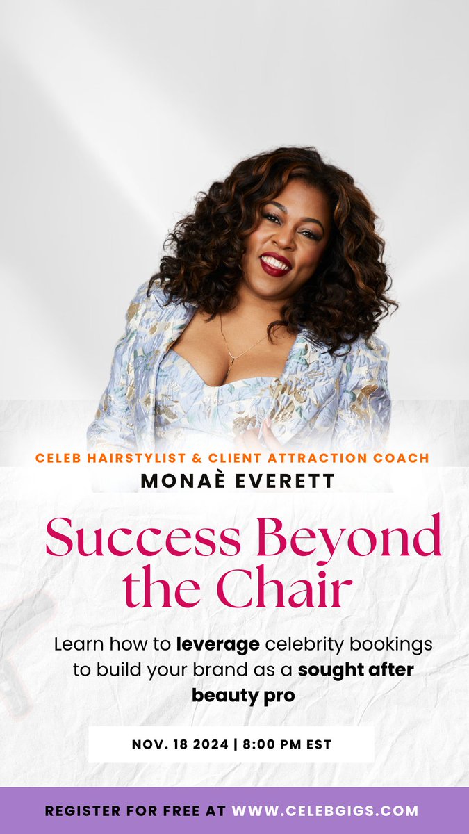 MonaeArtistry's tweet photo. Register at https://t.co/7a9RNCC79B

Tag a MUA or Hair Stylist who deserves to see their work in magazines and on red carpets! 📷📷
Date: November 18, 2024
Time: 8 PM EST https://t.co/gW8zc41YoR
