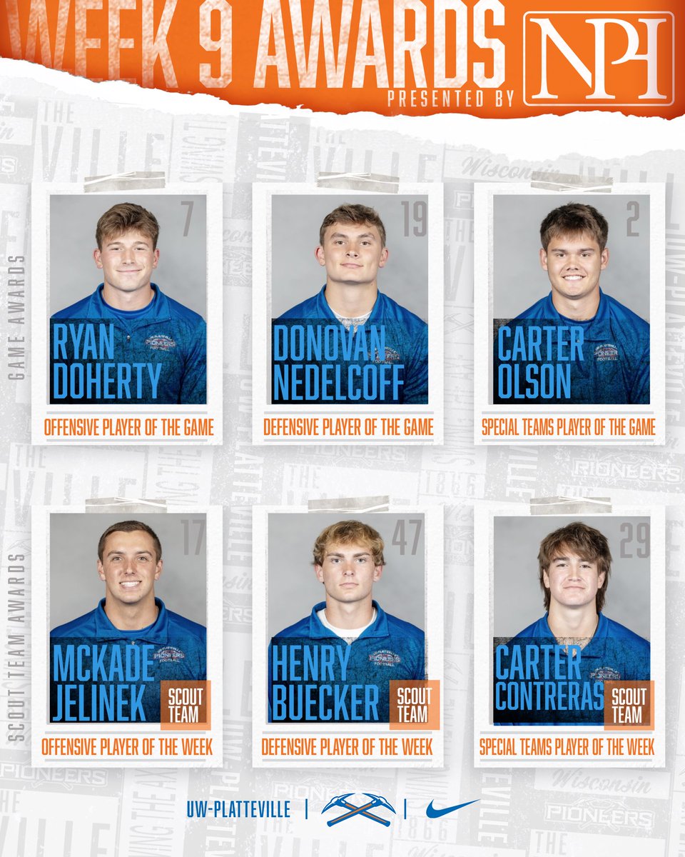 GAME AWARDS Week 9! 🏆🔸⛏️

Offense - Ryan Doherty  
Defense - Donovan Nedelcoff 
Special Teams - Carter Olson 

SCOUT TEAM AWARDS 

Offense - McKade Jelinek    
Defense- Henry Buecker
Special Teams - Carter Contreras