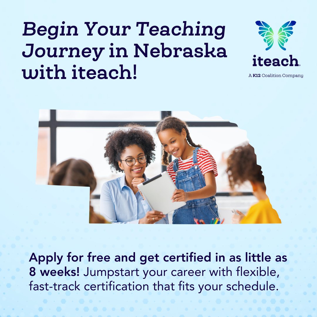 We're so excited to share that iteach is now offering our CAEP-accredited online program for Nebraska residents! If are looking for a flexible, high-quality, and affordable way to get certified, we’re here for you! 🍎 

To learn more, visit: iteach.net/alternative-te…