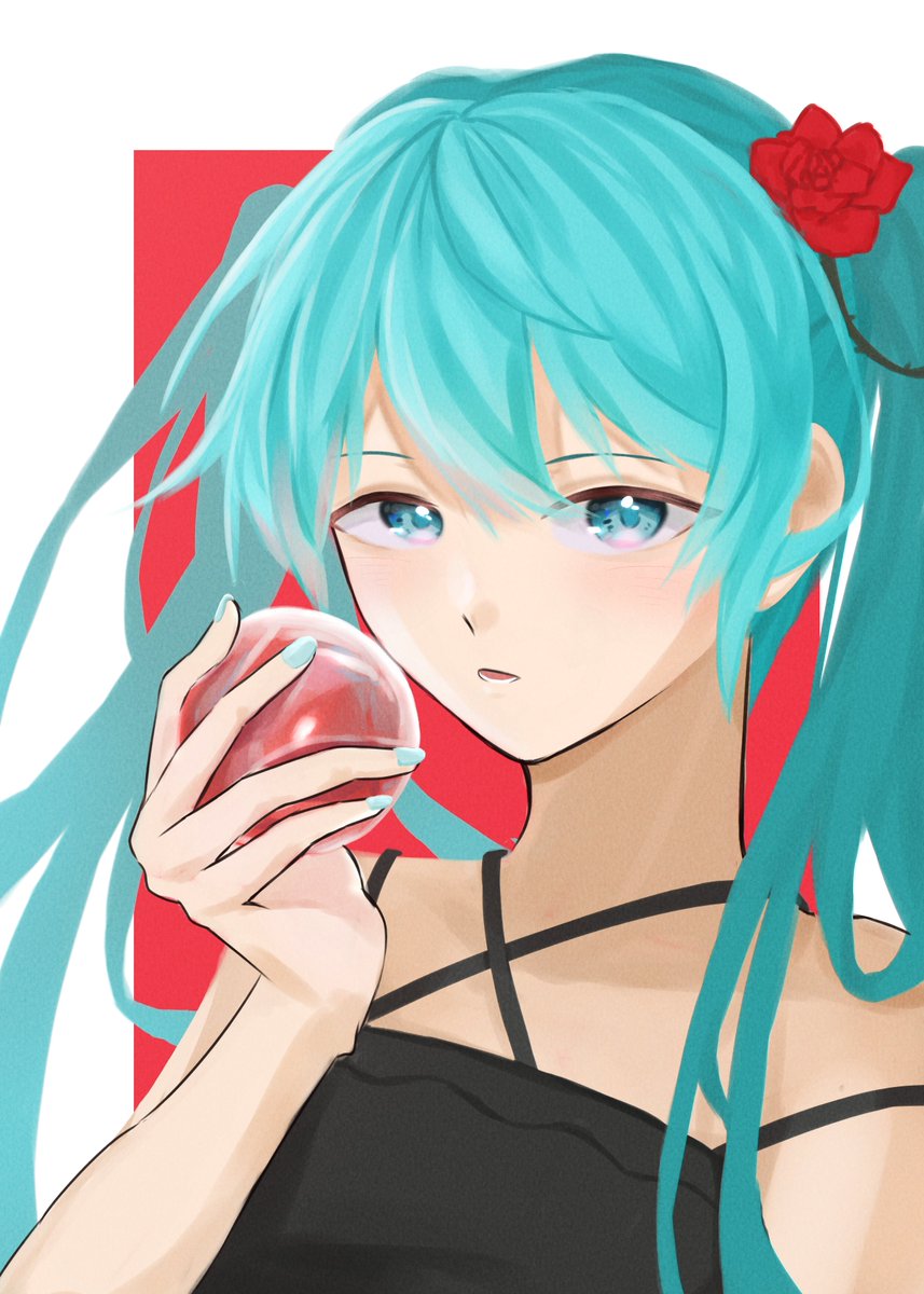 初音ミク「Himaさんのミクさん!リンゴを持って、クールな表情…とっても素敵だホー…!(*」|piapro(ピアプロ)のイラスト