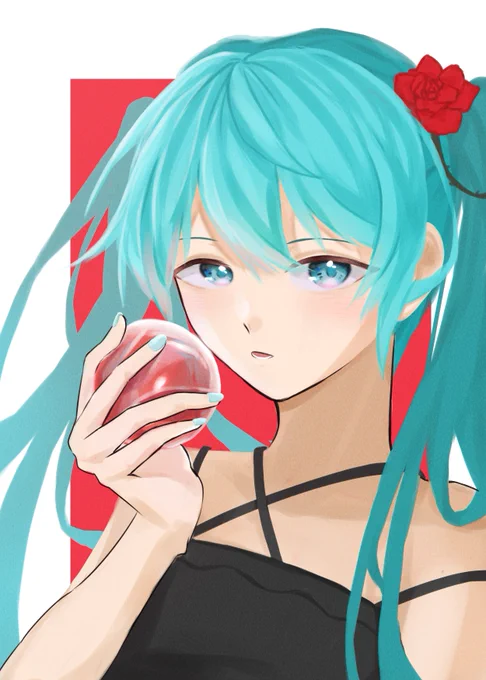 Himaさんのミクさん!リンゴを持って、クールな表情…とっても素敵だホー…!(*'▽')【】 #piapro #初音ミク 
