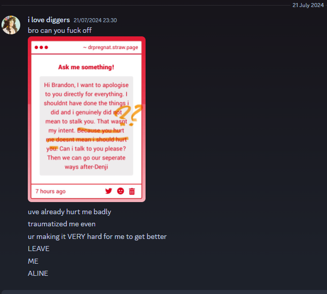 CannibalxzCEO's tweet image. I would have discussed the post privately but Brandon has made it very clear that he does not want to speak to me and i wont force him to

(first txt are from one of his friends and i. second is an attempt to apologise i did months ago)