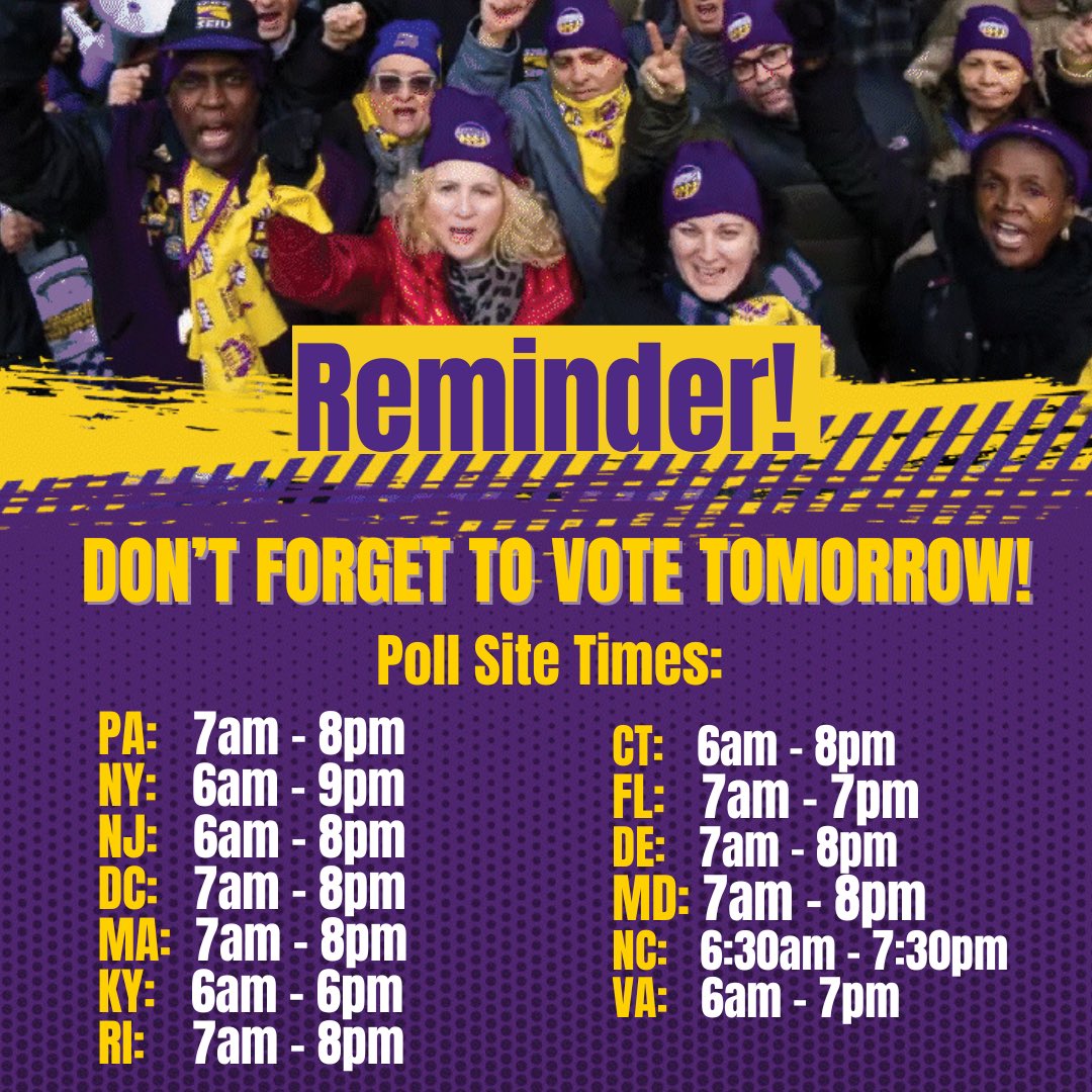 Tomorrow is Election Day! Don’t forget to vote for all 32BJ-endorsed candidates and help us build a labor-strong future for our union and working people! YOUR VOICE MATTERS! GET OUT AND VOTE! #GOTV #32BJforHARRISWALZ 🗳️