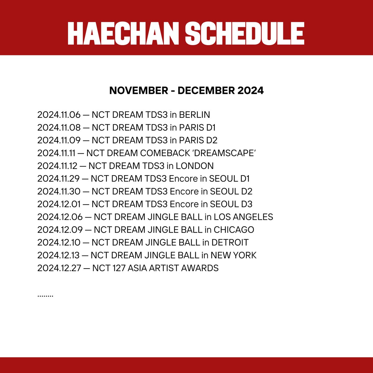 HaechanTeamPH's tweet photo. Updated Haechan Schedule for the rest of 2024 and through April 2025 🥹 Please stay healthy and safe, our FullSun~~

#HAECHAN #해찬 https://t.co/eNgLdkL64s
