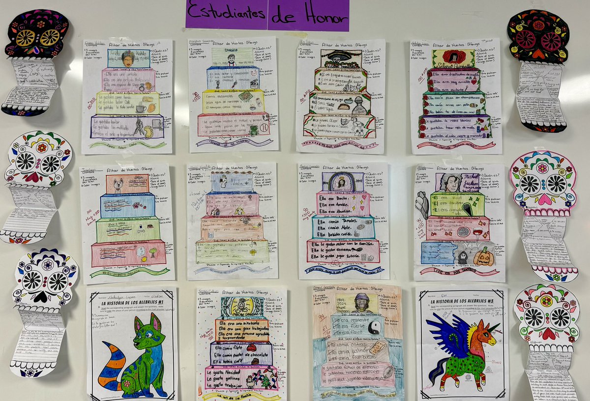 SCamacho_SRMS's tweet photo. Spanish 2 had a busy Day of the Dead couple of weeks. From creating an altar using past tense conjugations 100% in Spanish, to comparing Halloween with Day of the Dead &amp; finalizing by color coding an alebrijes text with comprehension questions! 👏🏻 
@SRMS_Generals 
#LOTE_SISD https://t.co/shGYgRzki7