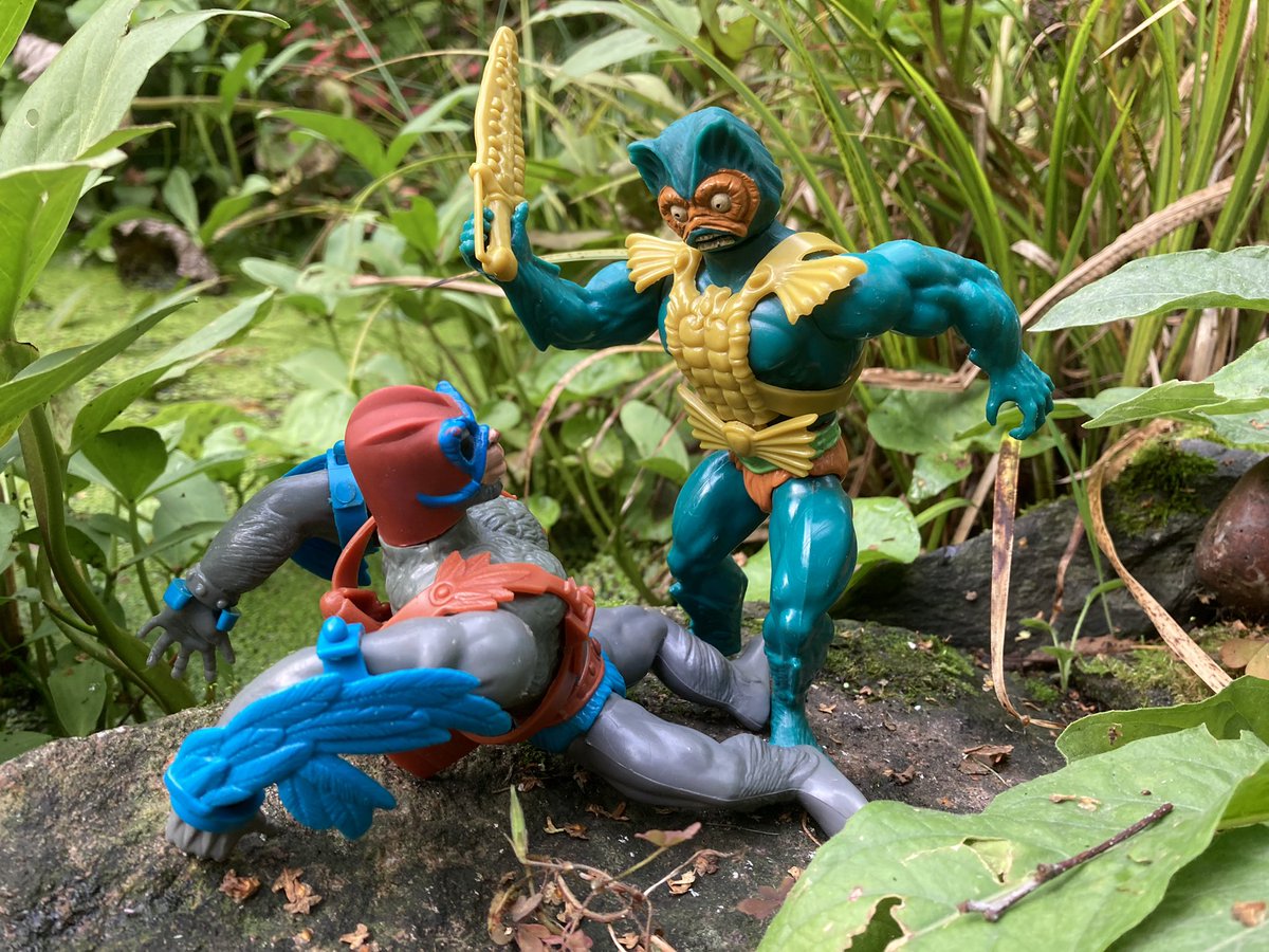 Masters of the Universe Mer-Man! The Creature from the Turquoise Lagoon! Love him! He seems as much food-themed as he is sea-themed, with his corncob sword &amp; bow pasta armour. I had him &amp; Stratos as great rivals, air vs sea seemed natural. So much fun to mimic his gurgling voice