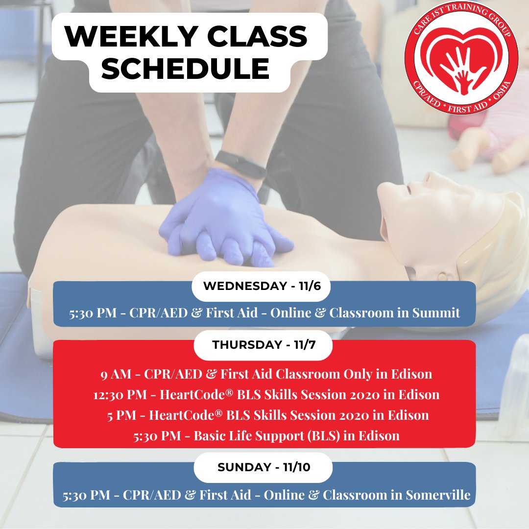 Care1stCPR's tweet image. Ready to build life-saving skills? 🩺💪 Check out our upcoming weekly class schedule and join us for CPR, AED, and First Aid training! There’s a spot with your name on it! 👏 #Care1stCPR #Care1stTrainingGroup #ClassSchedule #BePrepared #LifeSavingSkills
