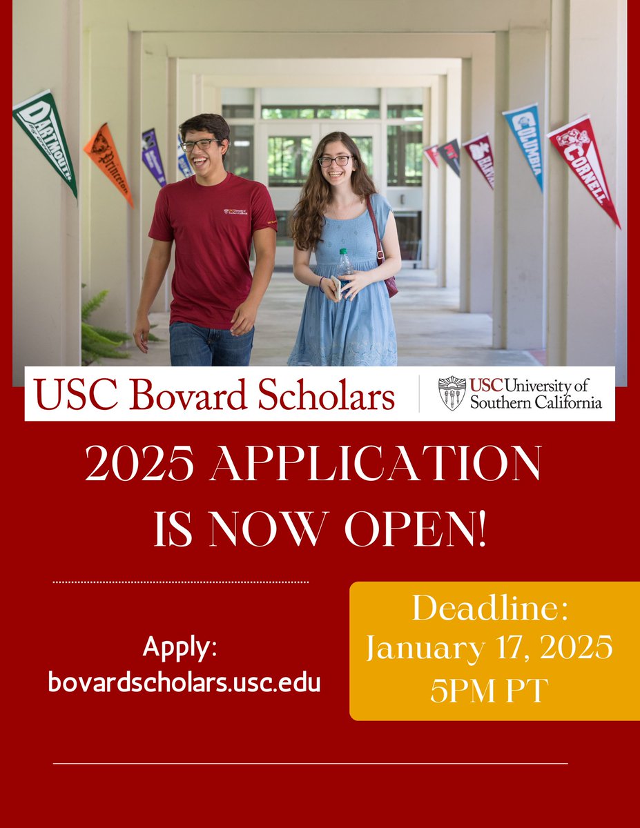 bovardscholars's tweet photo. Calling all high school juniors! The 2025 USC Bovard Scholars application is now OPEN! Our program helps high-achieving students with financial need gain admission to and succeed at the nation’s top universities. ✌📚 #USCBovardScholars #ApplyNow https://t.co/CK0Wi6pSK0