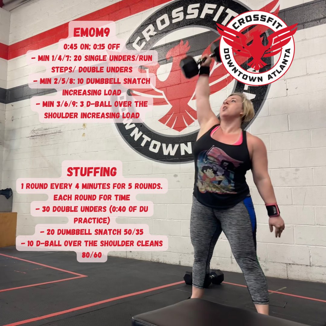 cfdowntownatl's tweet photo. 241105 "Stuffing" #intervals #doubleunder #dumbbellsnatch #dballovertheshoulder #cfda #liftheavy #runfast #havefun #bewell #cabbagetown #crossfitwod #committedtocrossfit #crossfit #WOD #CFWOD #workout https://t.co/g3CZibMjOC