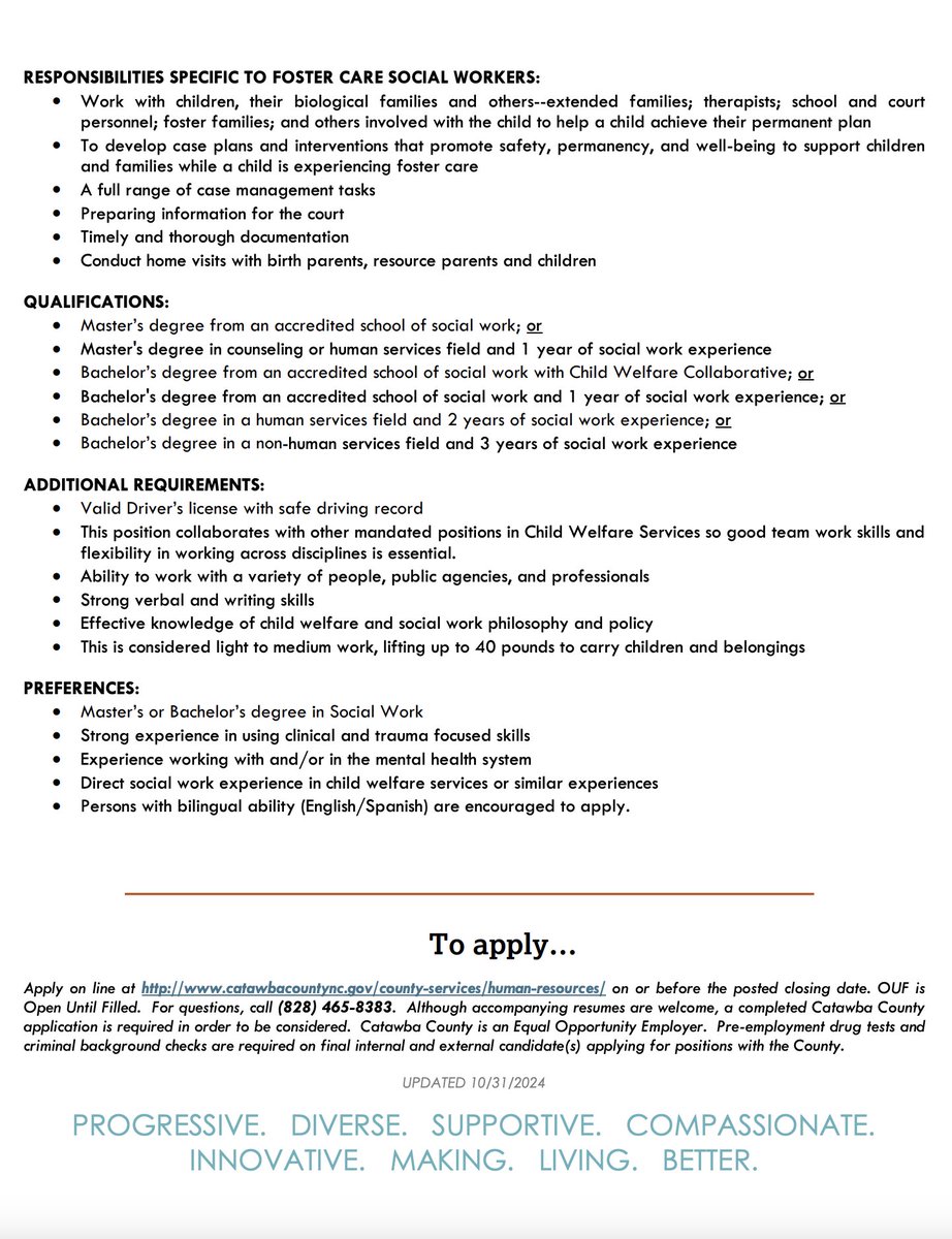 Catwaba County is hiring for a Foster Care Social Worker III. Learn more and apply ➡️ catawbacountync.gov/county-service…