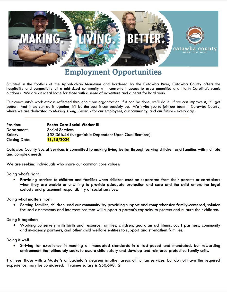 ecussw's tweet photo. Catwaba County is hiring for a Foster Care Social Worker III. Learn more and apply ➡️ https://t.co/kxzdqxJQcP https://t.co/tDv2IhADA4