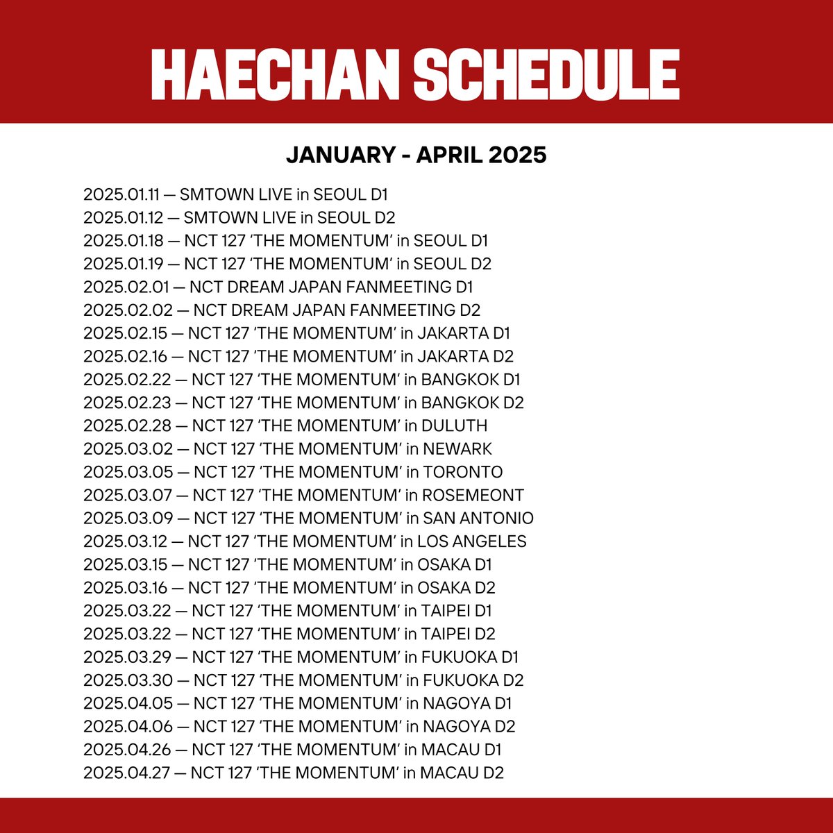 HaechanTeamPH's tweet photo. Updated Haechan Schedule for the rest of 2024 and through April 2025 🥹 Please stay healthy and safe, our FullSun~~

#HAECHAN #해찬 https://t.co/eNgLdkL64s