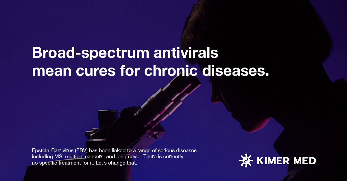 KimerMed's tweet photo. Epstein-Barr virus (#EBV) has been linked to a range of serious diseases including #MultipleSclerosis, numerous cancers, and #LongCovid. There is currently no specific treatment for it. Let’s change that.
#antivirals #Biotechnology https://t.co/NlQv7NPESP