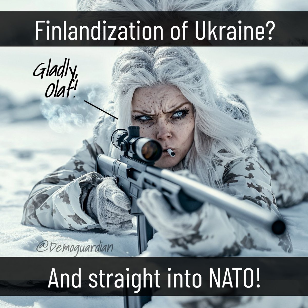 Demoguardian's tweet photo. When #Scholz proposed the #Finlandization of Ukraine, he certainly didn't think about the fact that, firstly, Finland has an excellent military and, secondly, that Finland had already joined #NATO.
Let's quickly take him at his word, as long as he doesn't notice.🥳