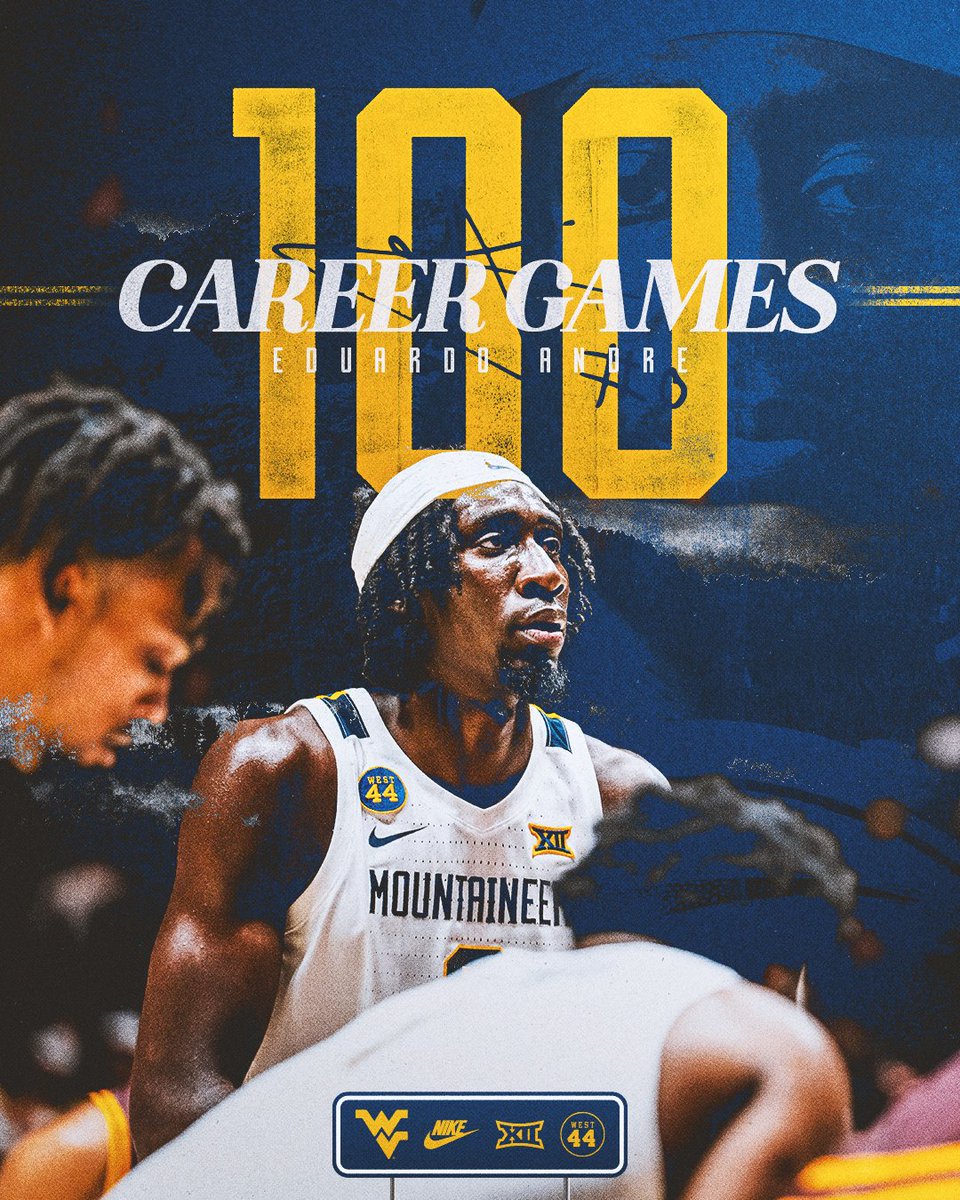 WVUhoops's tweet photo. Congrats to @EastLDNAndre on his 100th career game tonight in his Mountaineer debut 💯 https://t.co/v4XpC8DH3m
