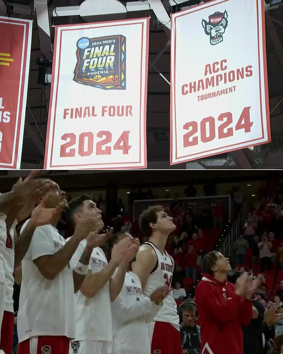 accnetwork's tweet photo. NC State raised two banners tonight 👏

@PackMensBball https://t.co/aJP3JTHDI3