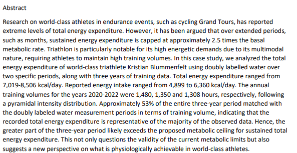 Jamie Stanley PhD (@jamiestanley85) on Twitter photo Training volume and total energy expenditure of an Olympic and Ironman world champion: approaching the upper limits of human capabilities.
<a href="/kristianblu/">Kristian Blummenfelt</a> <a href="/OyvindSandbakk/">Øyvind Sandbakk</a> et al.
pubmed.ncbi.nlm.nih.gov/39480269/ Training volume and total energy expenditure of an Olympic and Ironman world champion: approaching the upper limits of human capabilities.
<a href="/kristianblu/">Kristian Blummenfelt</a> <a href="/OyvindSandbakk/">Øyvind Sandbakk</a> et al.
pubmed.ncbi.nlm.nih.gov/39480269/