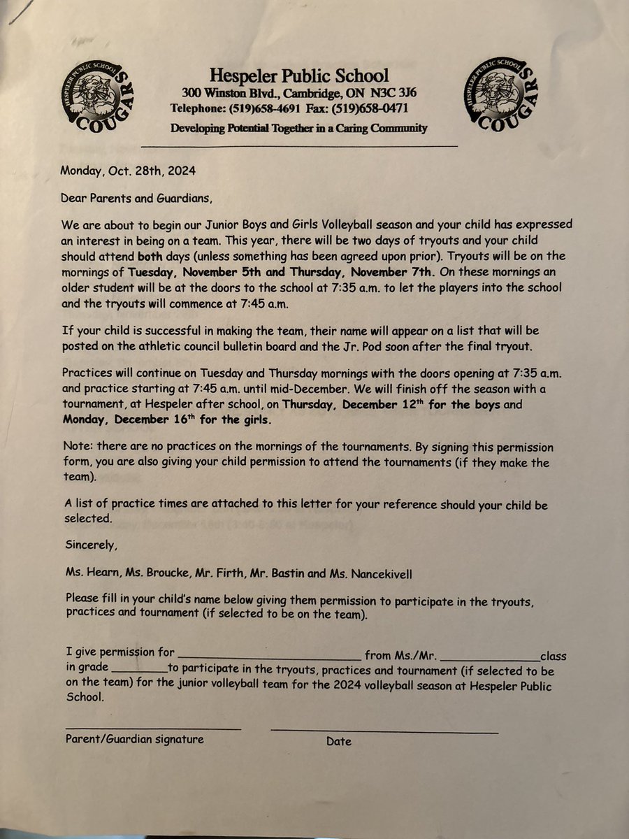 HPSPhysEd's tweet photo. A reminder that Junior girls’ and boys’ volleyball tryouts are tomorrow morning, Tues. Nov. 5. Doors open at 7:35 am. Permission forms have been handed out since Oct. 28. We hope to see many of you there. https://t.co/Uo7YNmGkLN