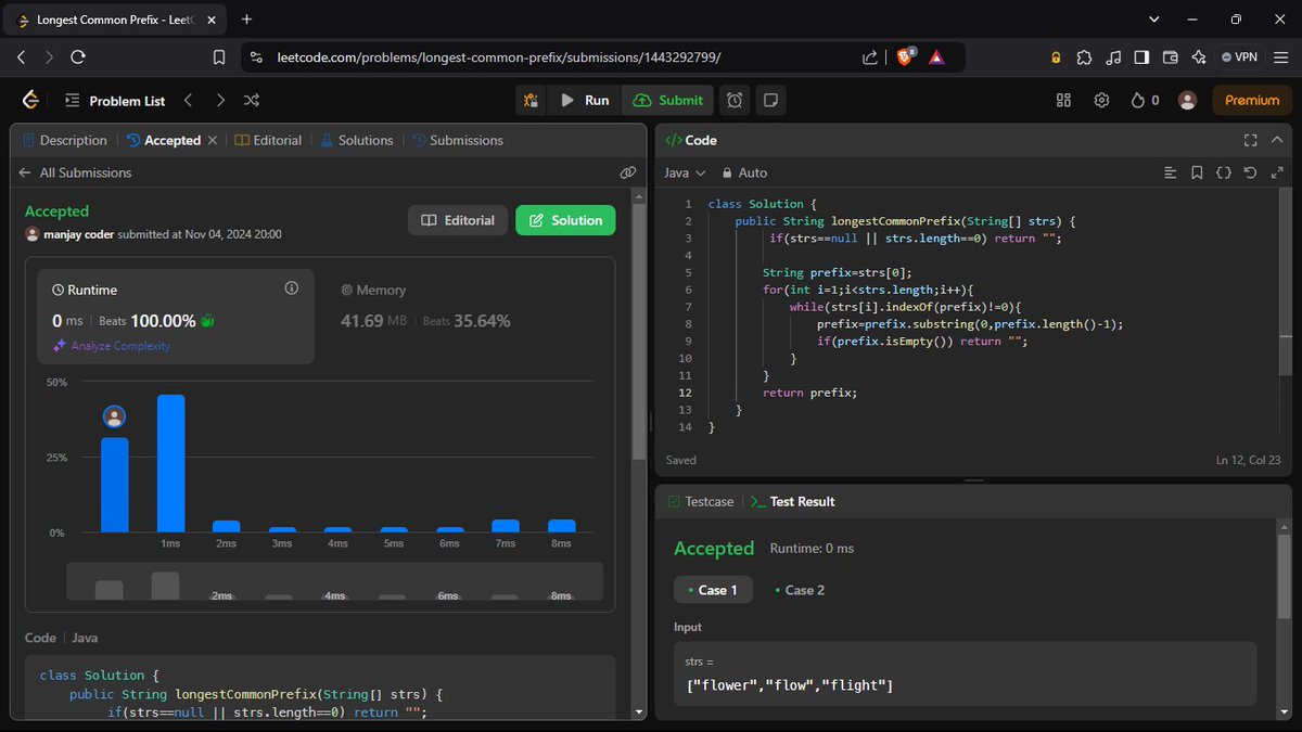 CoderVerma's tweet image. Tackled the Longest Common Prefix problem on LeetCode and scored 100% efficiency! 💪 Optimized my solution for both time & space complexity. Always pushing to level up my algorithm game! #LeetCode #Coding #AlgorithmOptimization
