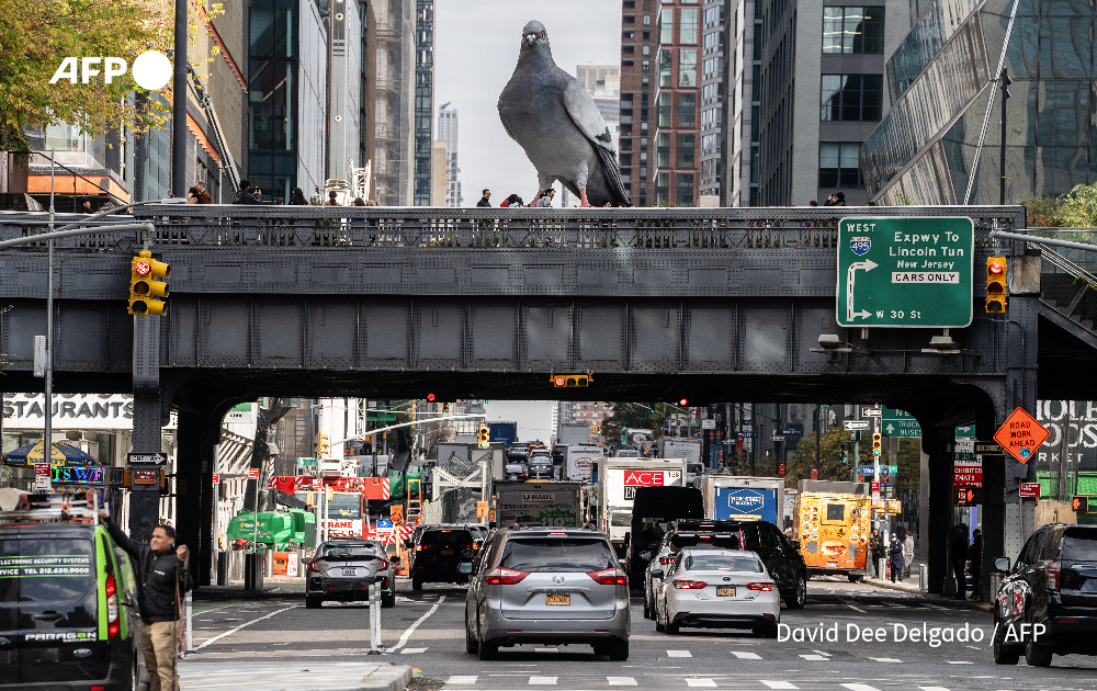 AFP's tweet photo. Big pigeon in the Big Apple.

@AFP's David Dee Delgado photographs a 16 foot sculpture of a pigeon named dinosaur on the Highline in New York City https://t.co/Zt43RK4NnA