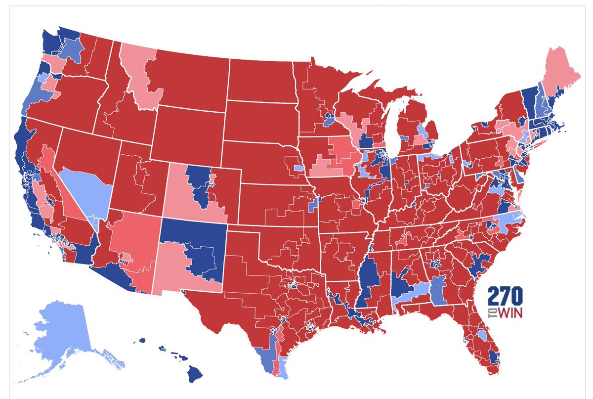 GCrownPolitics's tweet photo. 🚨2024 U.S. House Map Prediction (11/4/24):

🔴REP: 231 seats (+27) ✅
🔵DEM: 204 seats

House Vote Share:
🔴REP: 51.1% (+5.0)
🔵DEM: 46.1% 
🟣THIRD PARTY: 2.8% https://t.co/yIxvhNdHc1