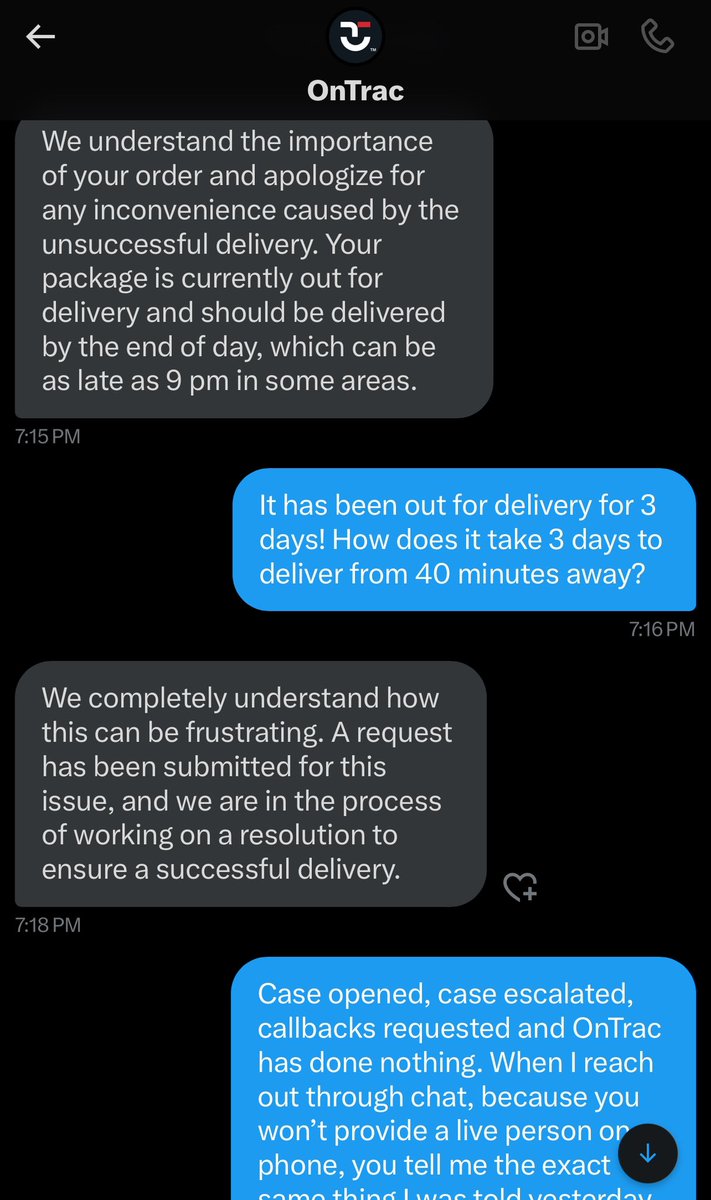 Brad_Crypto_Tec's tweet photo. @OnTrac_Shipping How about that, the exact same messages I have been receiving for 3 days. They don’t even attempt to look into the issue. Bunch of clowns! https://t.co/vLxhPWEZcc