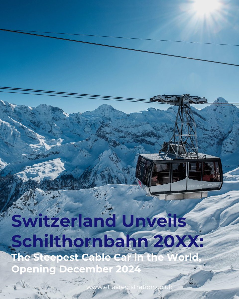 ETIASREG's tweet photo. Schilthornbahn 20XX, opening in Switzerland this December! Stunning alpine views await as you ride up nearly 3,000 meters. Travelers from select countries will need an ETIAS authorization to visit Switzerland starting in 2025. #Schilthornbahn #SwissAlps #ETIAS #Travel2024 https://t.co/rIJXjsZdXm